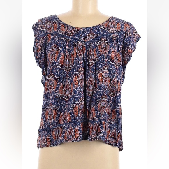 Hollister Boho Paisley Print Short Sleeve Blouse (blue/orange) Size small - Picture 2 of 4